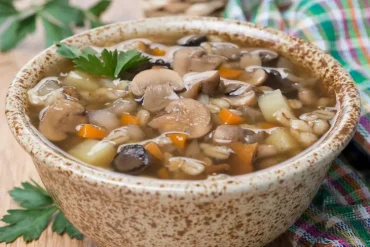 Trockenpilze einweichen und mit Kartoffeln, Möhren und Gerste kochen