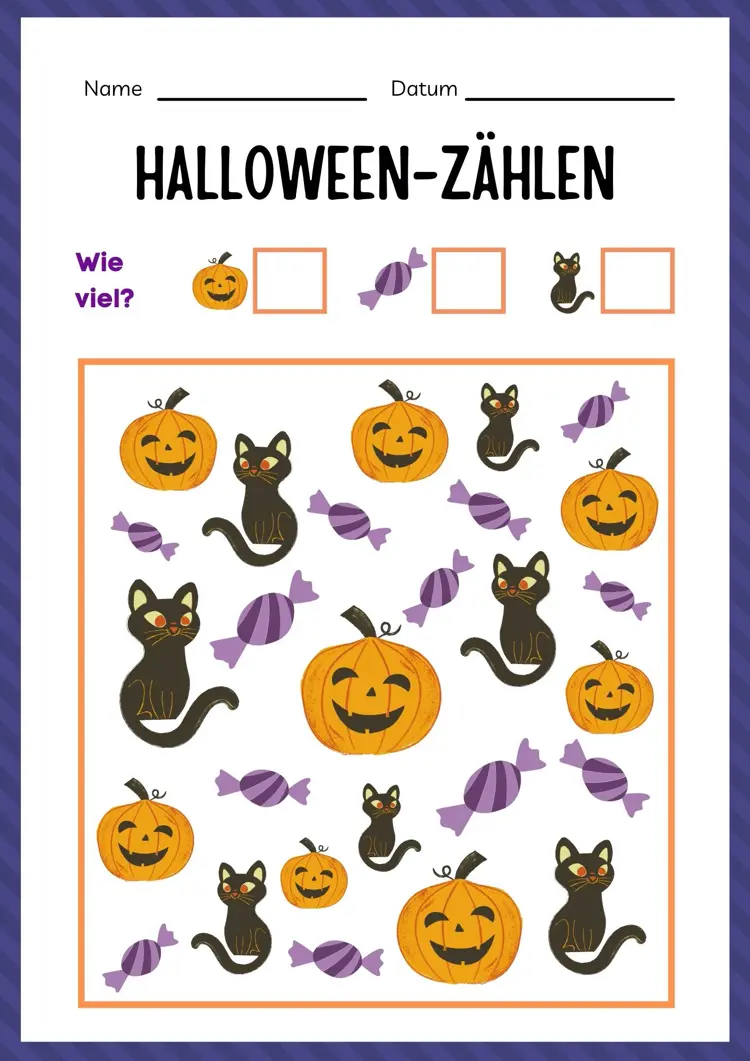 zähle die halloween süßigkeiten und kürbisse