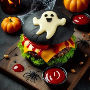 Zu Halloween Burger kreativ gestalten - Schwarze Brötchen mit Gespenst