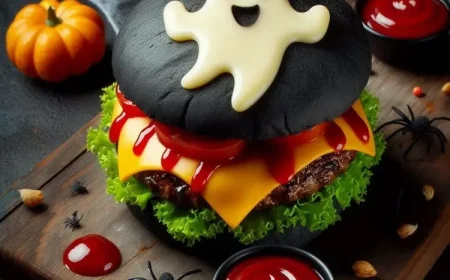 Zu Halloween Burger kreativ gestalten - Schwarze Brötchen mit Gespenst