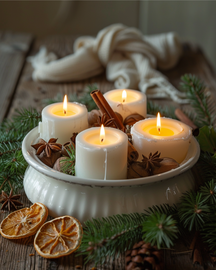 adventskranz in einer suppenterrine mit zimt und orangen
