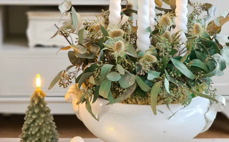 adventskranz mit led kerzen und moos, eukalyptus, disteln