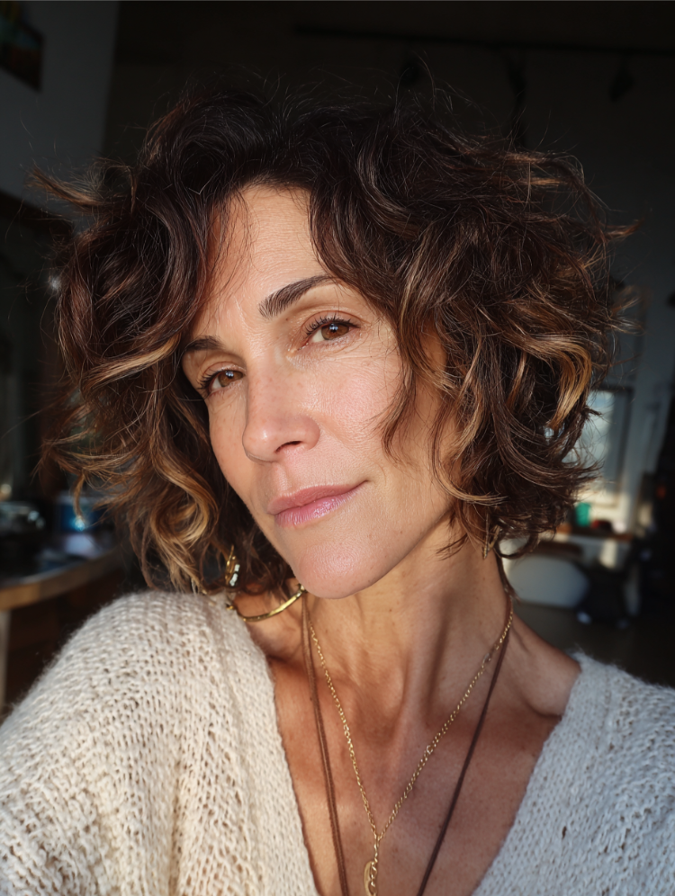 bob frisur für dickes, welliges haar für frauen ab 50 mit balayage strähnchen