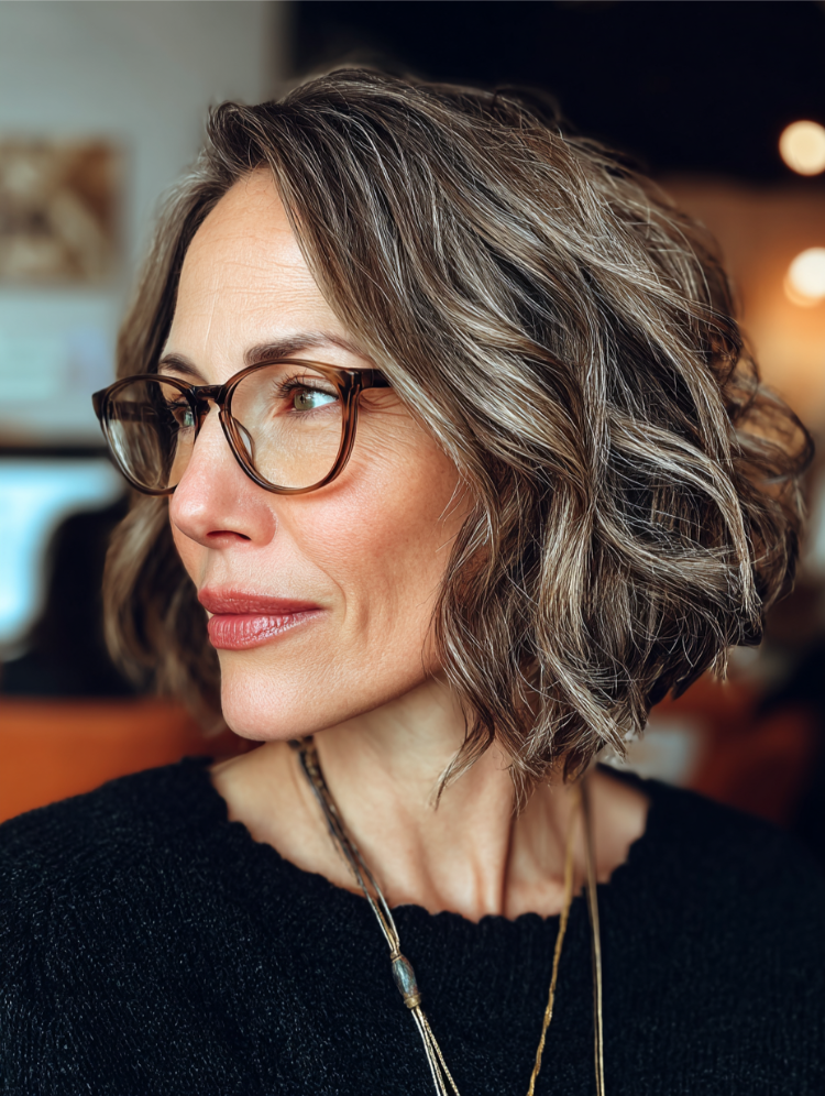 bob für dickes, welliges haar für frauen über 50 mit brille