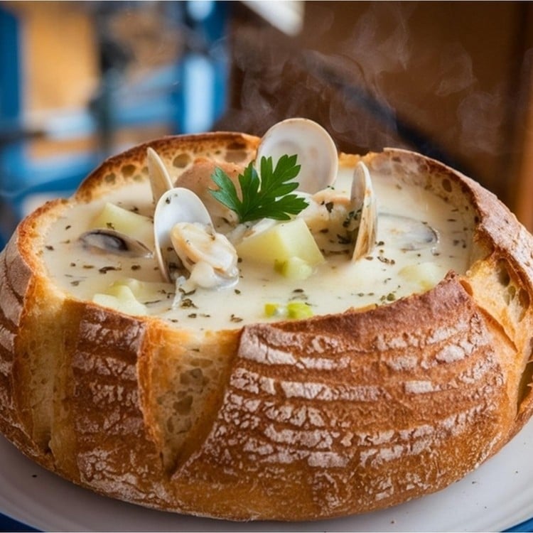 Clam Chowder im Brot statt in der der Schale serviert