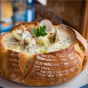 Clam Chowder im Brotlaib servieren