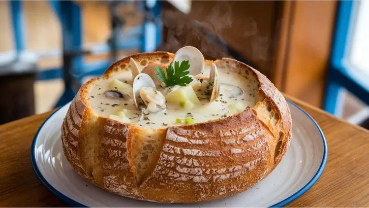 Clam Chowder im Brotlaib servieren