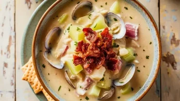 Clam Chowder in einer Schüssel statt im Brot mit Speck und Sellerie