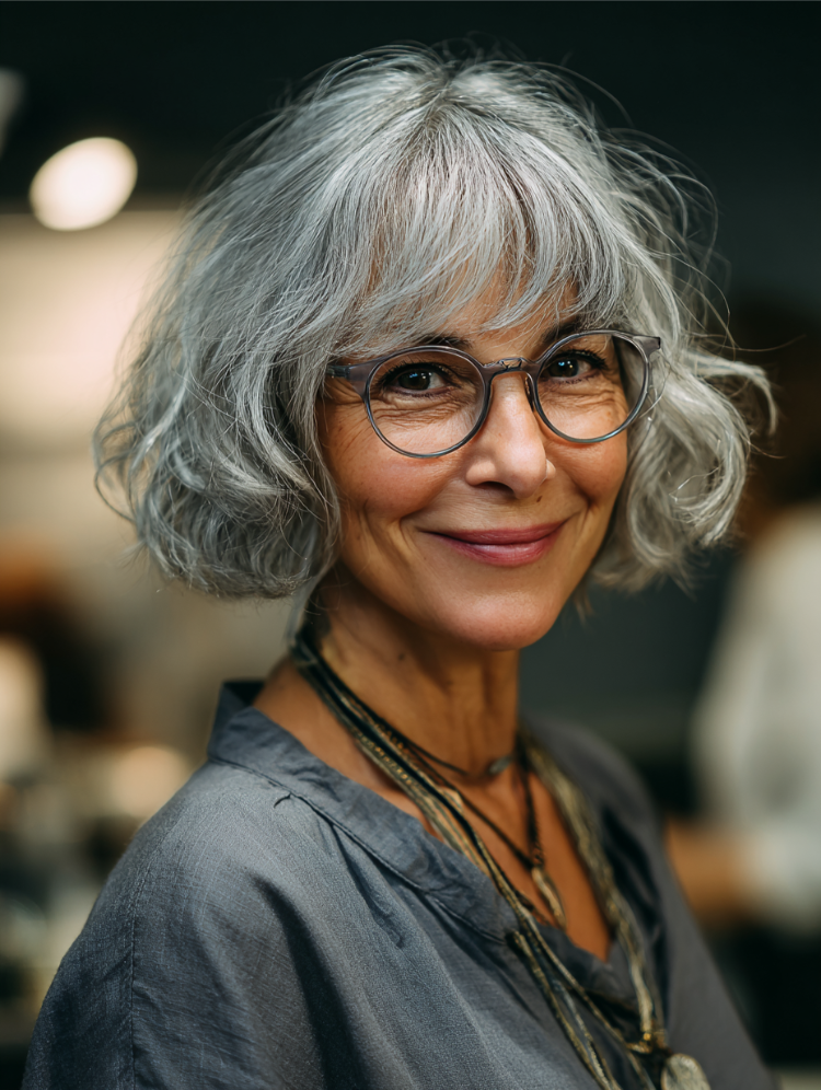 kinnlanger french bob mit pony für dickes, welliges haar für frauen ab 50 mit brillen