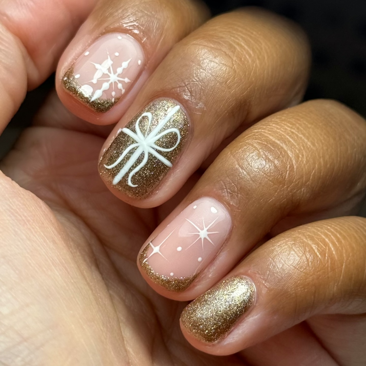 kurze weihnachts gelnägel in gold mit glitzer