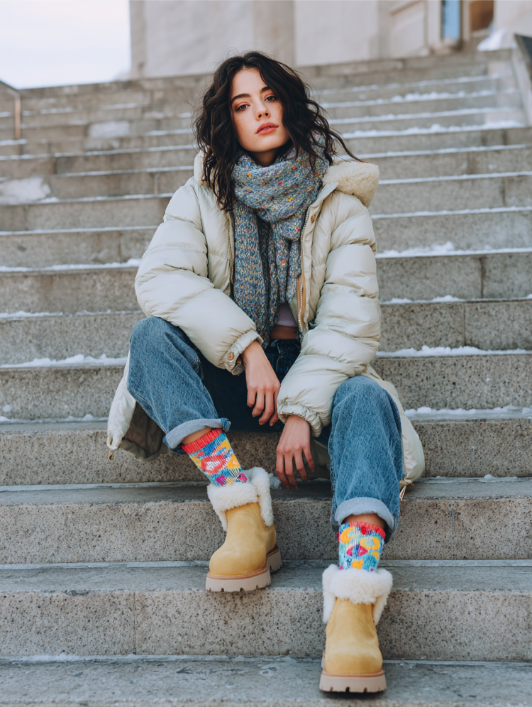 moderne frau mit sichtbaren socken, stiefeln und trendigem outfit herbst