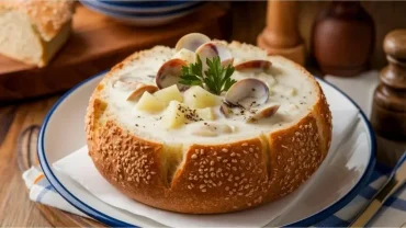 Muschelsuppe mit Venusmuscheln kochen und im Sesambrot servieren