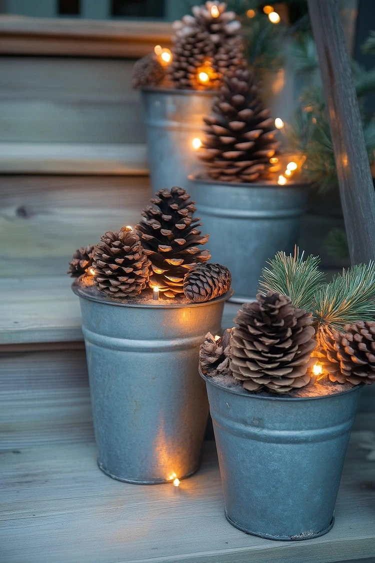 rustikale kübel mit zapfen und lichterketten
