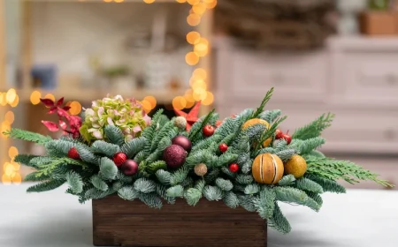 rustikales wintergesteck mit tannengrün, getrockneten zitrusfrüchten und hortensienblüten