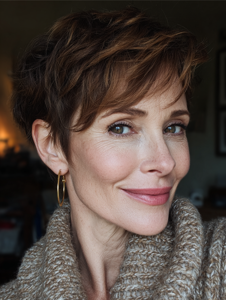 stilvolle frau ab 50, moderner pixie cut für feines haar