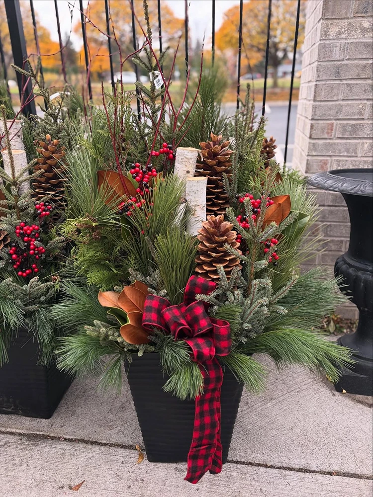 Üppiges wintergesteck im hohen kübel