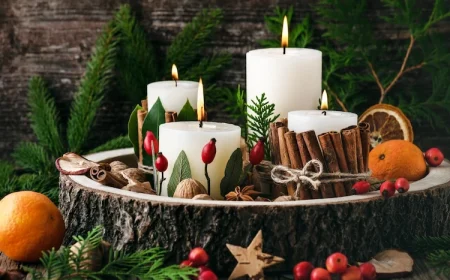 winterliches gesteck mit holzscheibe, kerzen und getrockneten früchten