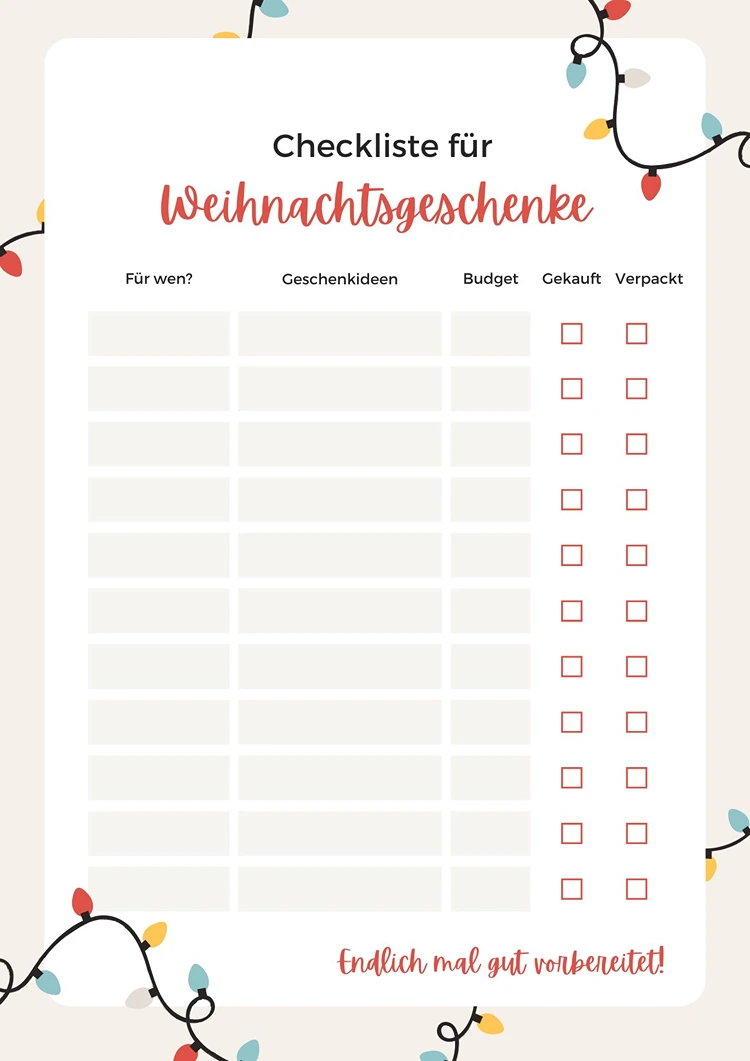 checkliste für weihnachtsgeschenke kostenlos