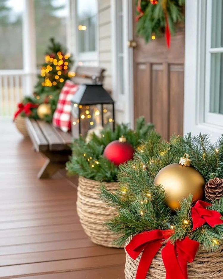 dekoidee für kübel im garten im weihnachtskugeln und schleifen