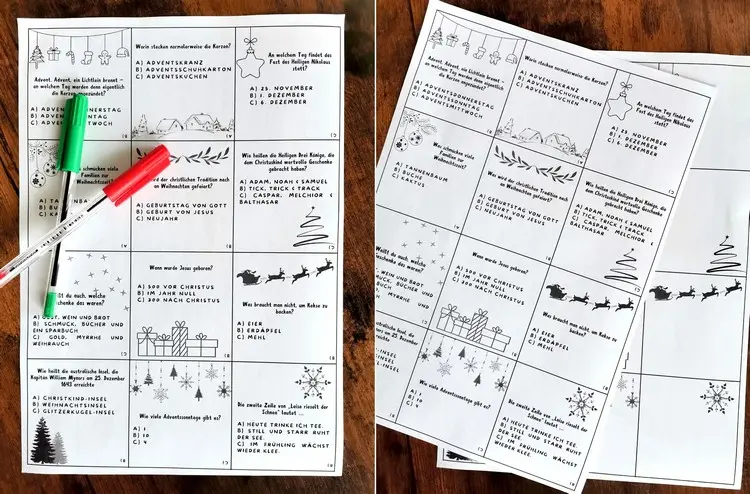 Fertiges Weihnachtsquiz für Kinder zum Ausdrucken und Vorlagen zum Ausfüllen