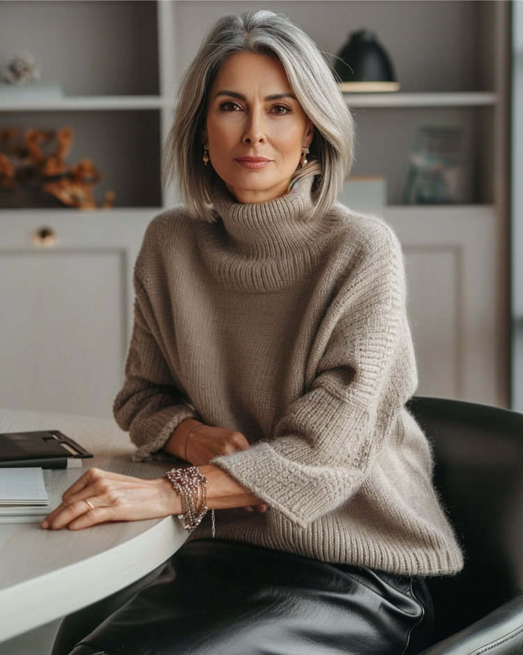 frau ab 50 mit elegantem büro look mit lederrock und pullover