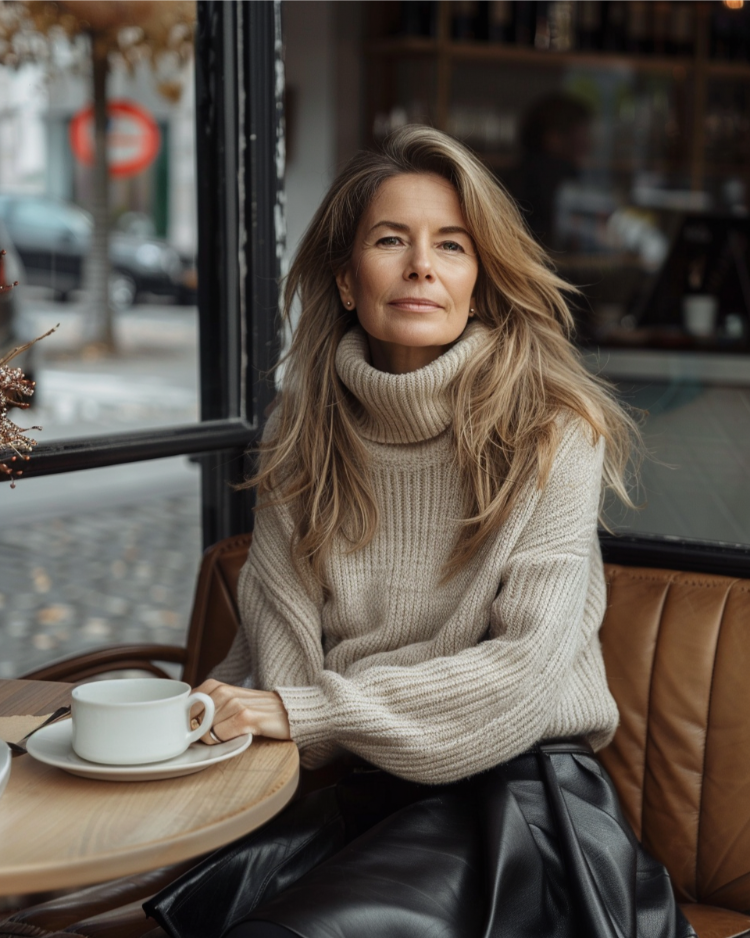 frau ab 50 mit herbstoutfit mit lederrock und pullover