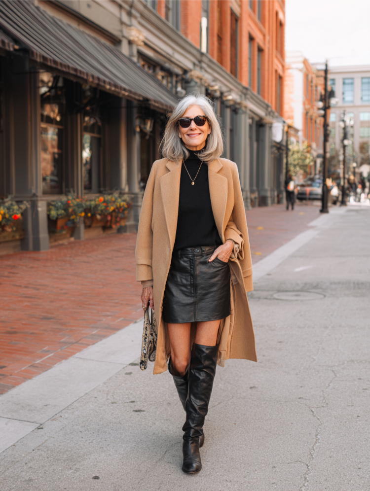 frau ab 50 mit stilvollem herbstoutfit mit lederrock und mantel