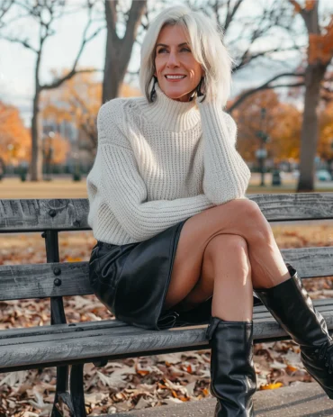 frau ab 50 mit stilvollem herbstoutfit mit lederrock und pullover