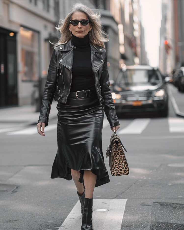 frau über 50 mit coolem outfit mit lederrock, lederjacke und leoparden tasche