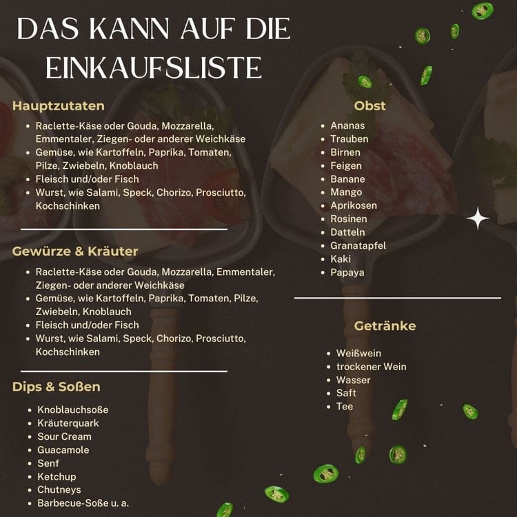 Ideen für das Raclette zu Silvester und Liste mit beliebten Zutaten