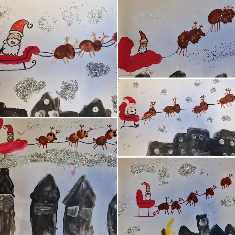 Santa mit Schlitten und Rudolf malen zu Weihnachten mit Kindern