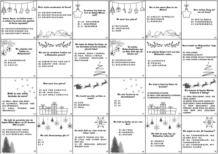 Weihnachtsquiz für Kinder zum Ausdrucken - Kostenlose Vorlagen in einer PDF-Datei