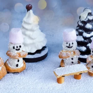 Windbeutel zu Silvester kreativ servieren als niedliche Schneemänner