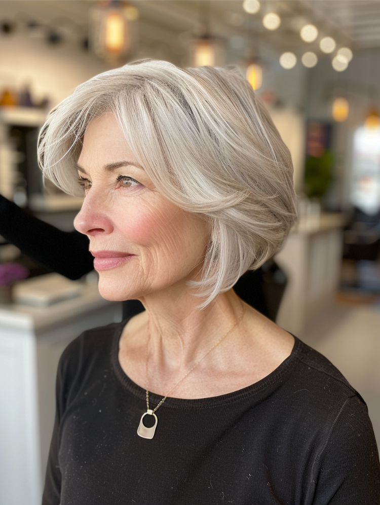 Ältere frau mit feathered bob frisur