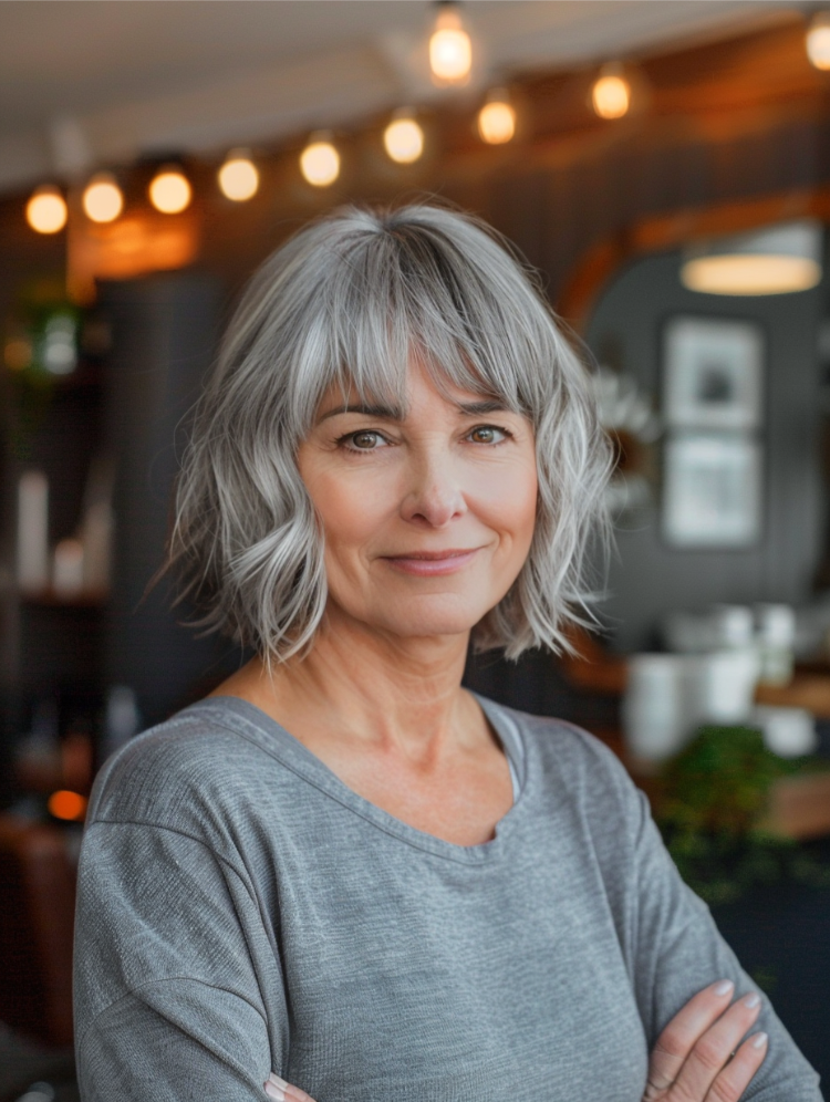 Ältere frau mit kurzem, stufig geschnittenem bob mit pony und strukturierten stufen