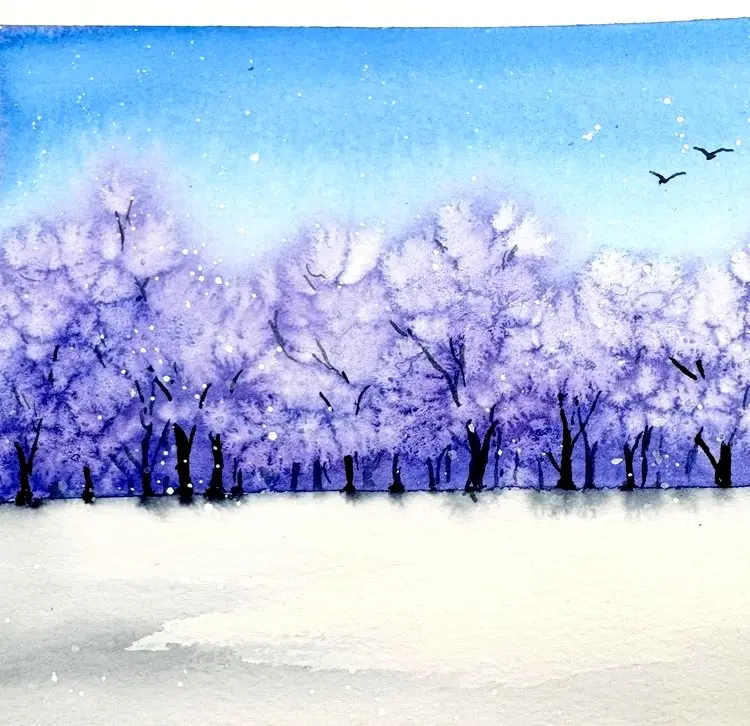 Auf Aquarellpapier Bilder malen mit Salz - Winterlandschaft mit Bäumen