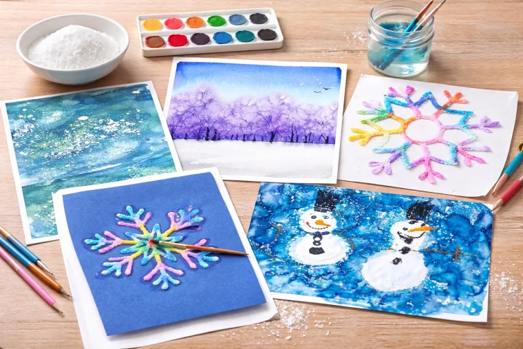 Bilder malen mit Salz und Wasserfarben oder Bastelkleber