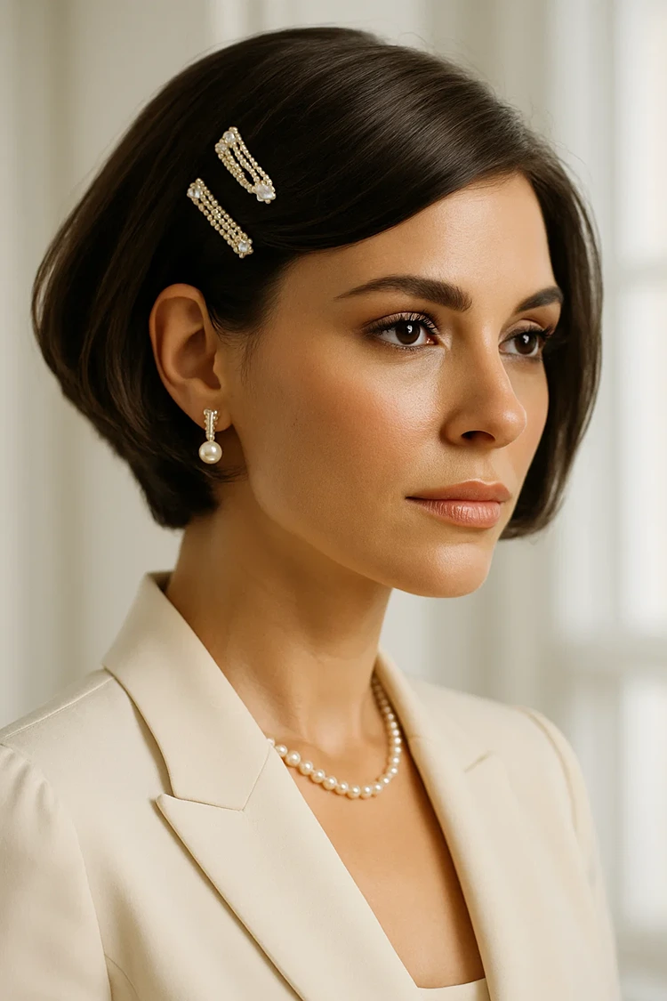 bob mit angeschnittenem nacken mit schlichten haarspangen