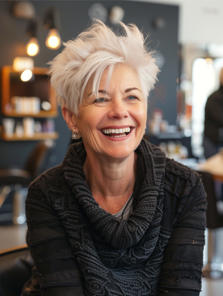 frau ab 50 mit kurzem, gestuftem bixie cut