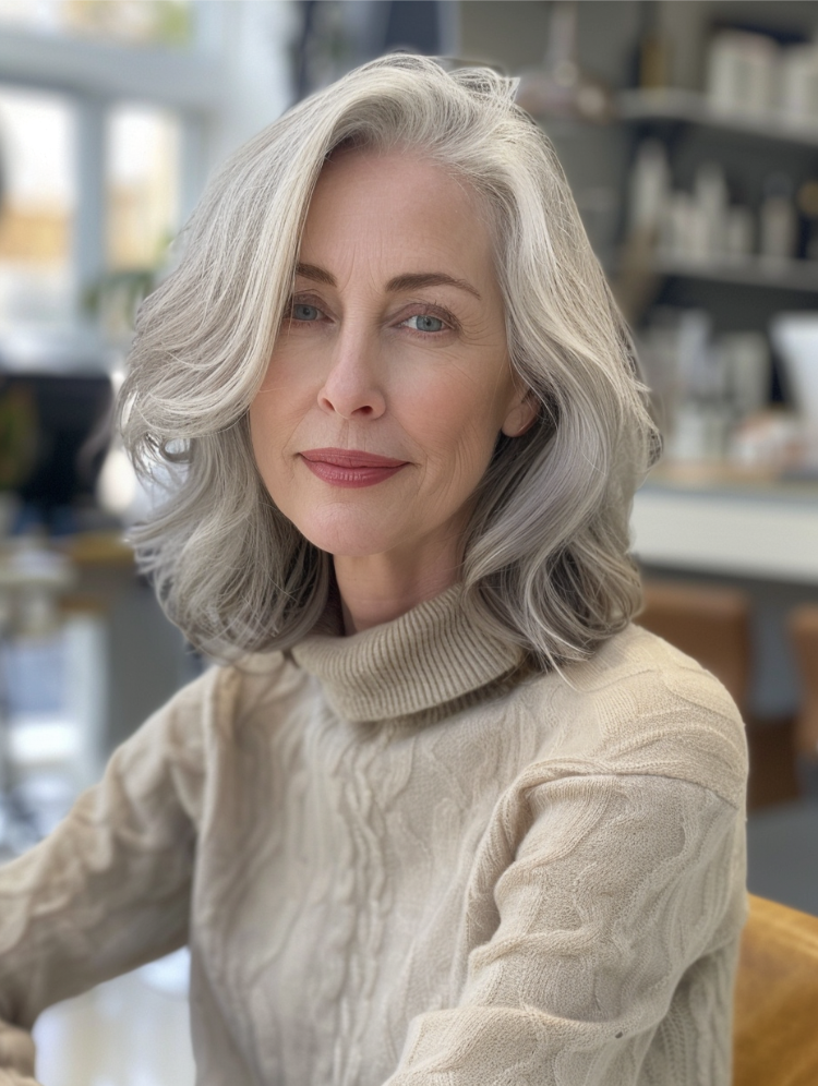 frau ab 50 mit langem bob mit stufen und weißem haar