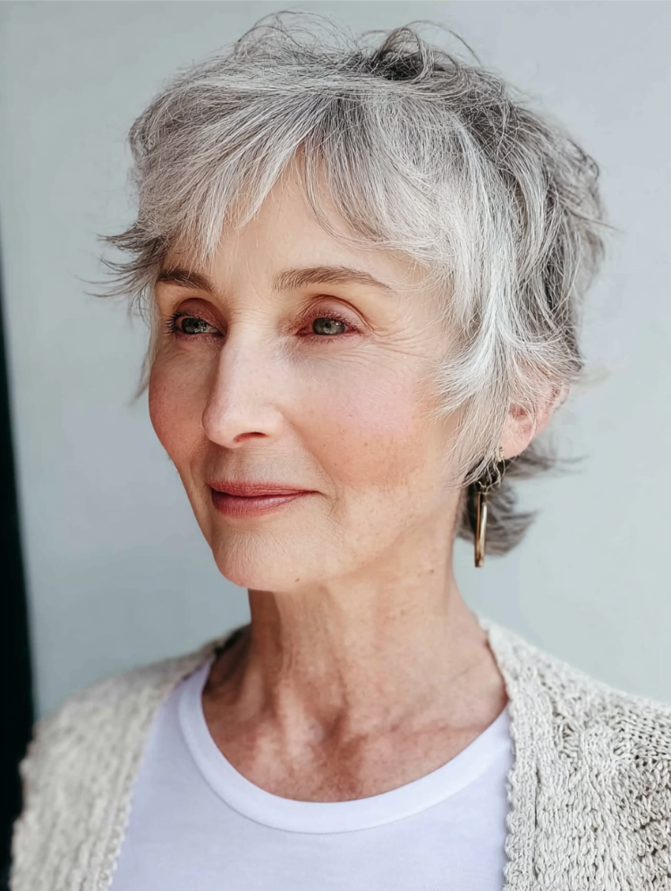 frau ab 60 mit pixie shag cut graue haare