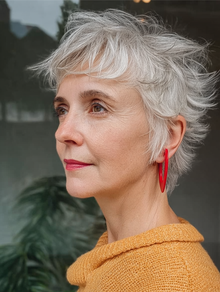 frau ab 60 mit pixie shag cut und roten ohrringen