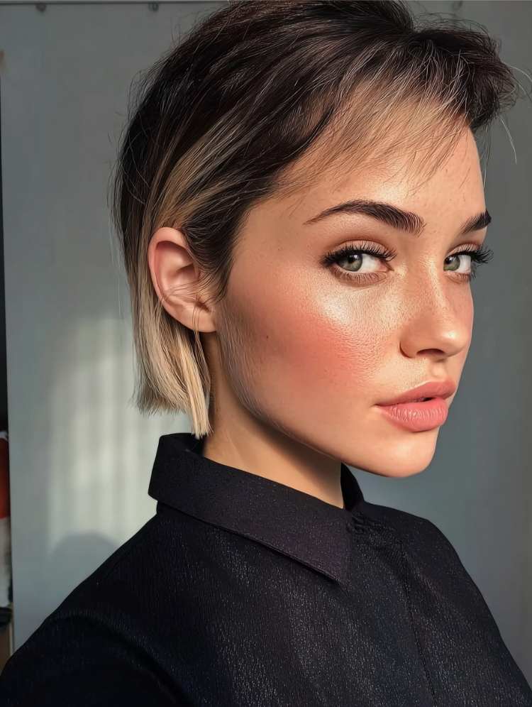 frau mit blonden haaren und eleganter italian crop kurzhaarfrisur