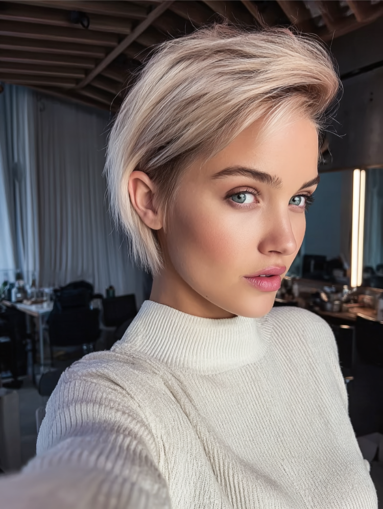 frau mit blonden haaren und italian crop haarschnitt