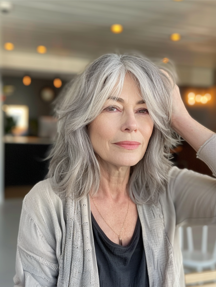frau über 50 mit shaggy bob mit ponyfrisur und schulterlangen strukturierten stufen