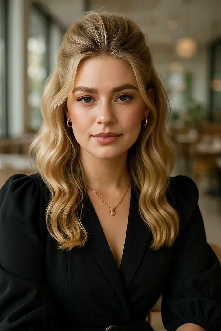 frisuren dickes haar halblang half up waves mit volumen am oberkopf