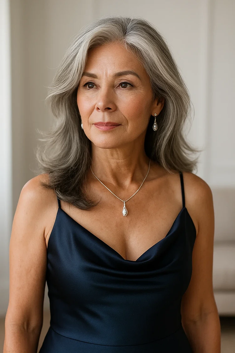 frisuren frauen ab 60 long layers für graues haar