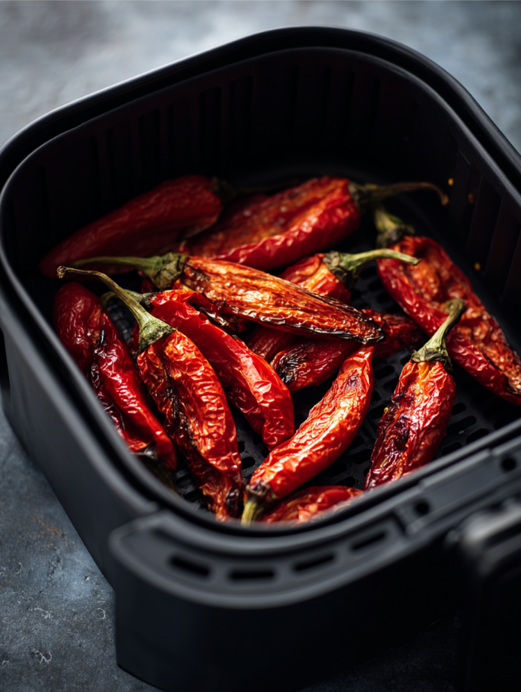 geröstete spitzpaprika in einer schwarzen heißluftfritteuse