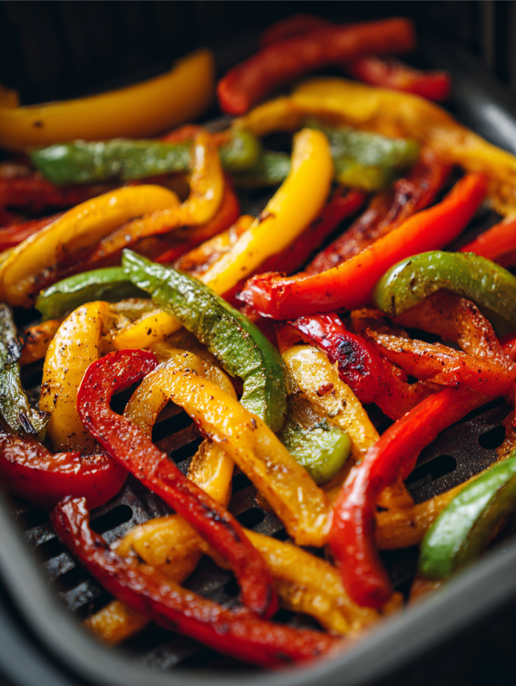 in streifen geschnittene paprika, die in einer modernen heißluftfritteuse geröstet werden