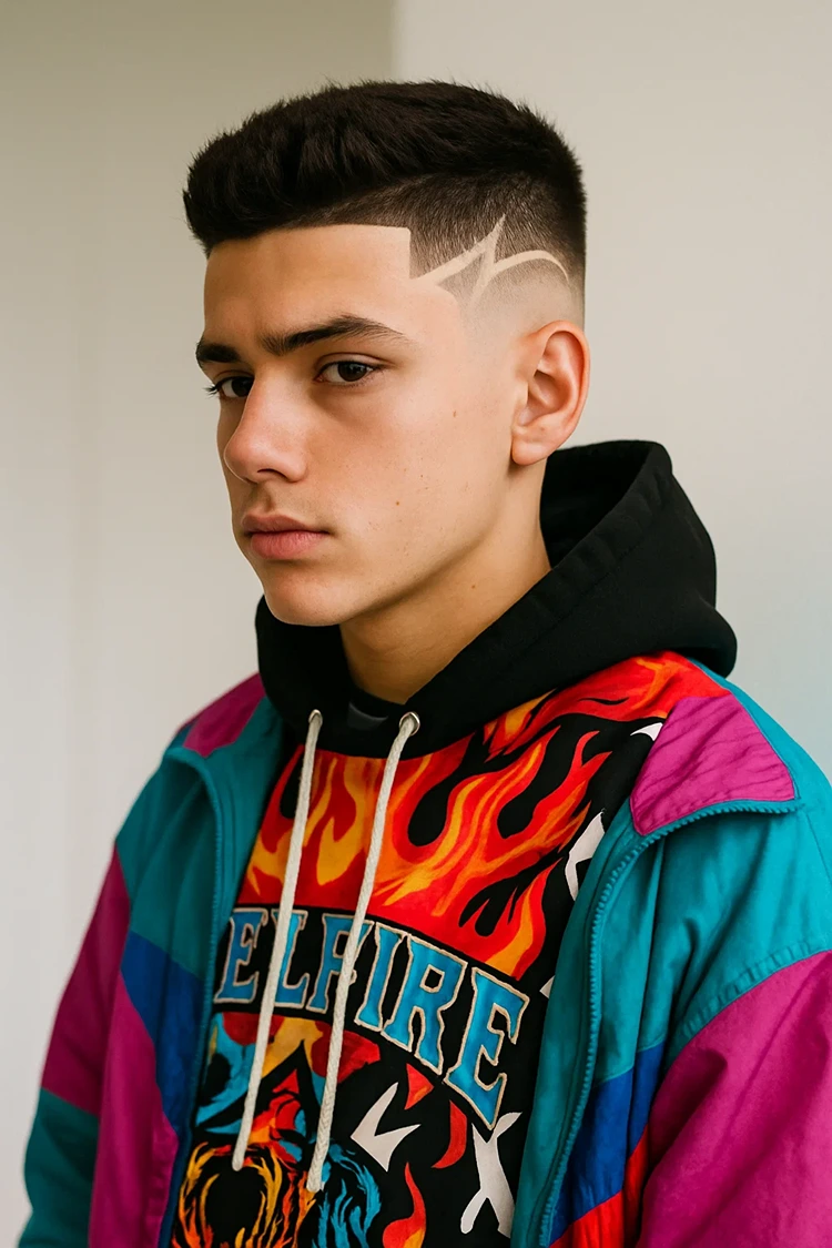 trendy jungen frisuren fade haarschnitt mit rasiertem muster